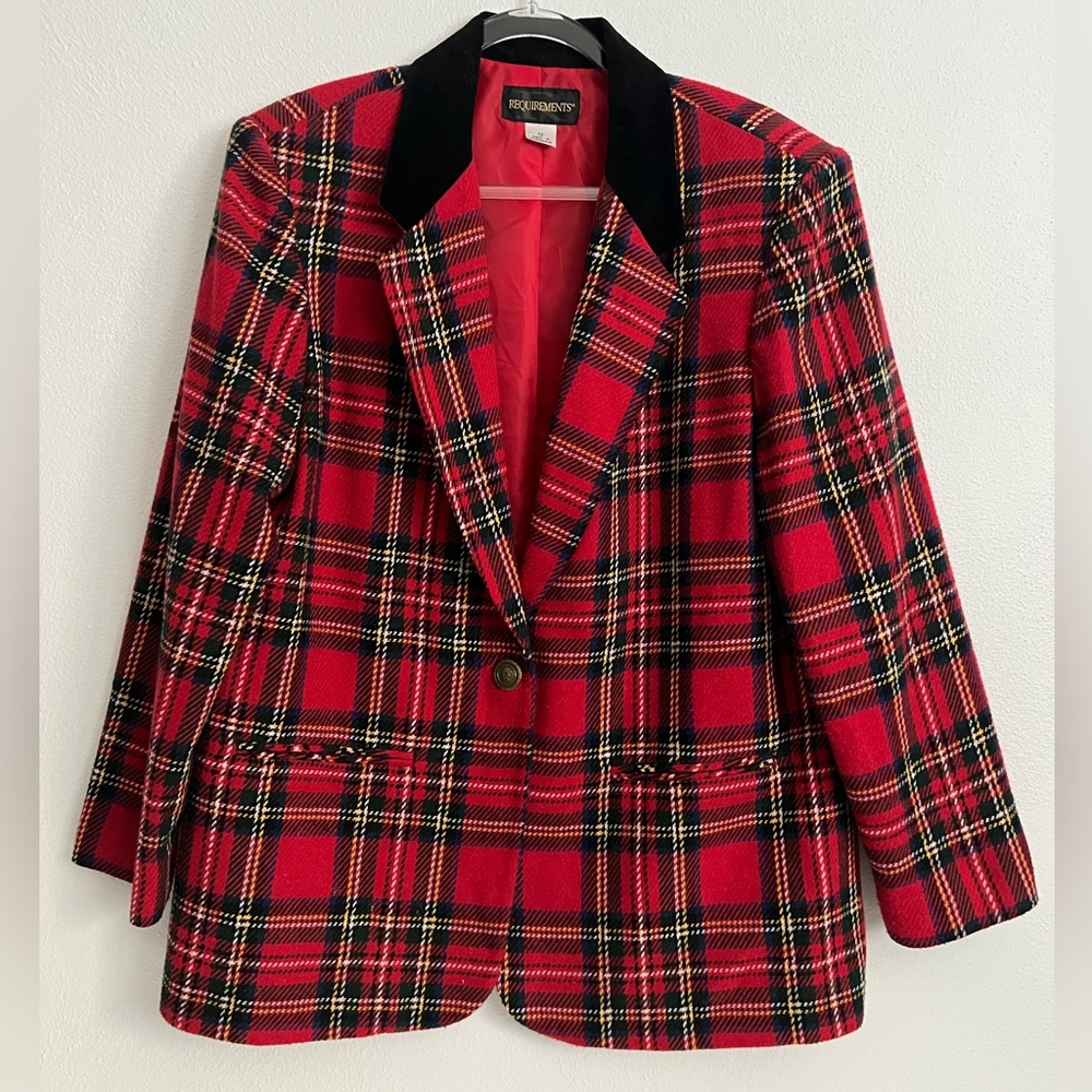 Requirements Classic Plaid Velvet Collar Wool Blend‎ Academia Red Blazer Vtg 12